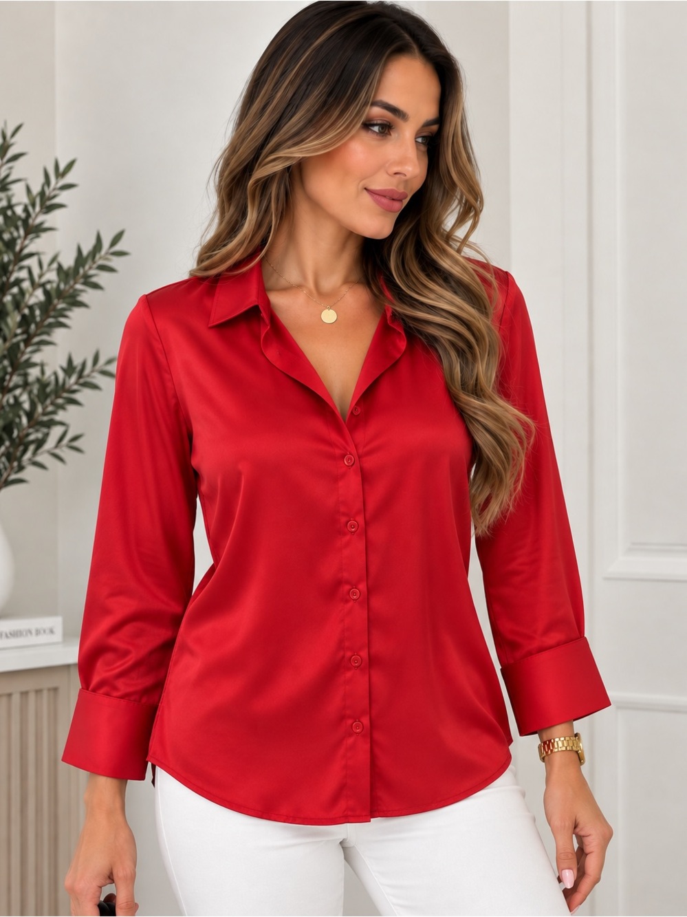 Ambiance Red Satin Button Down Shirt